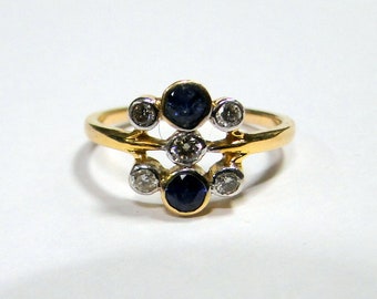 Georgische vintage antieke 18k gouden ring Diamant blauwe saffier Fijne handgemaakte sieraden