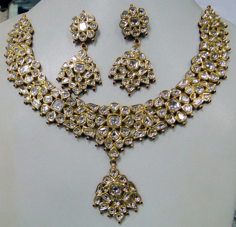 916 22 Ct Gold Polki Diamond Necklace Set Kundan Meena Work - Etsy