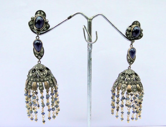 Vintage 14K Gold Diamond Silver Blue Sapphire Ear… - image 2