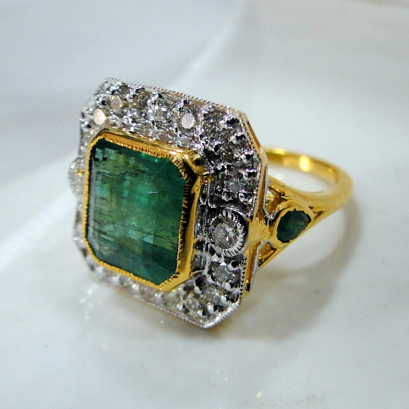 Emerald Ring Vintage Antique 18 K Solid Gold Diamond Emerald - Etsy
