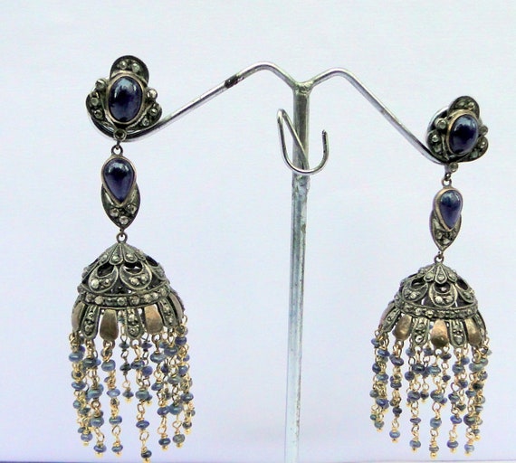 Vintage 14K Gold Diamond Silver Blue Sapphire Ear… - image 3