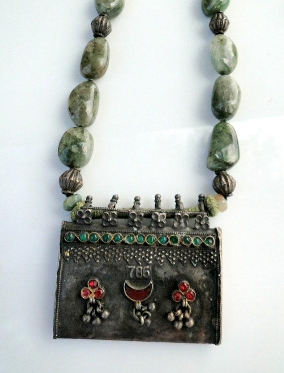Ethnic Tribal Old Silver Green Onyx Gemstone Bead… - image 6
