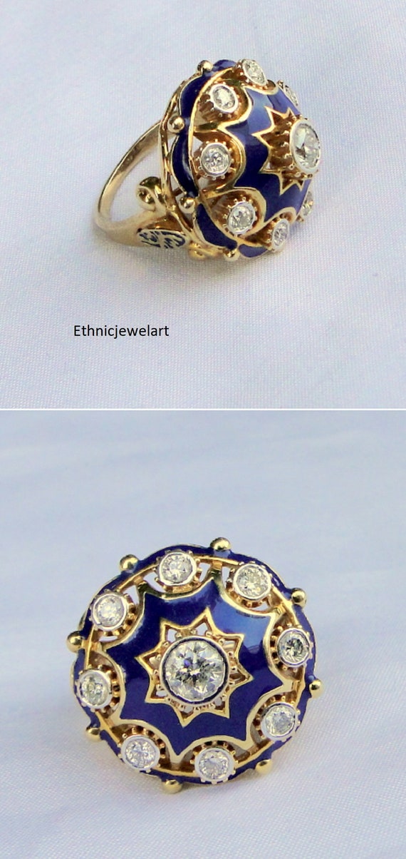 Italia D'Oro High-Polish Diamond-Cut Ring Blue Enamel 14K Yellow Gold |  Jared