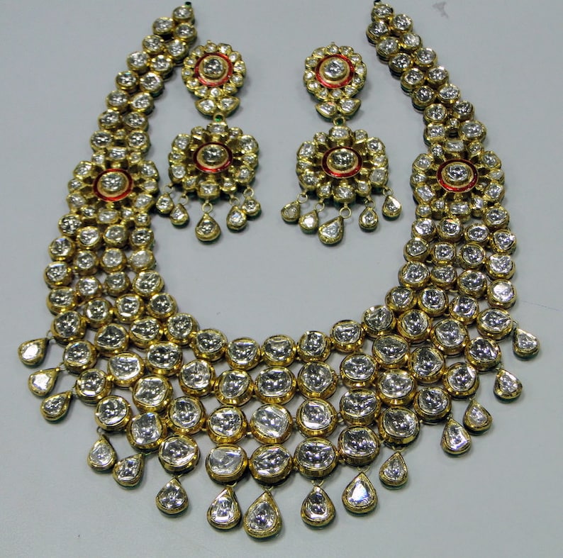 Real Gold Polki Diamond Kundan Meena Set ,22K Gold Diamond Enamel Work ...