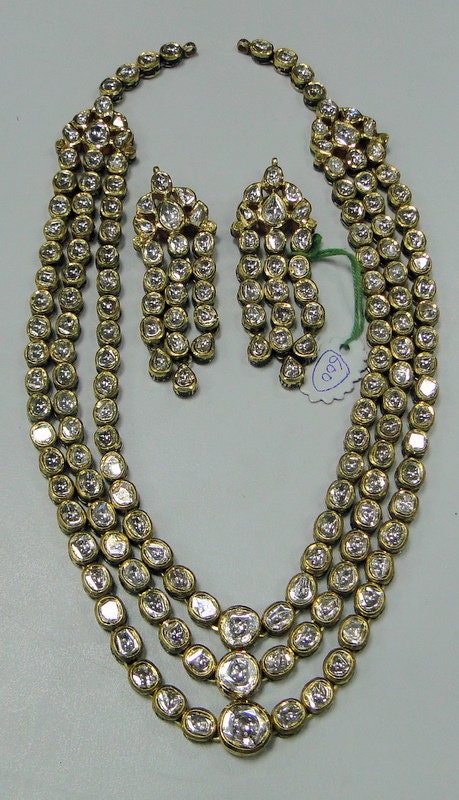 20K Gold Flat Diamond Polki & Enamel Work Necklace and Earrings Kundan ...