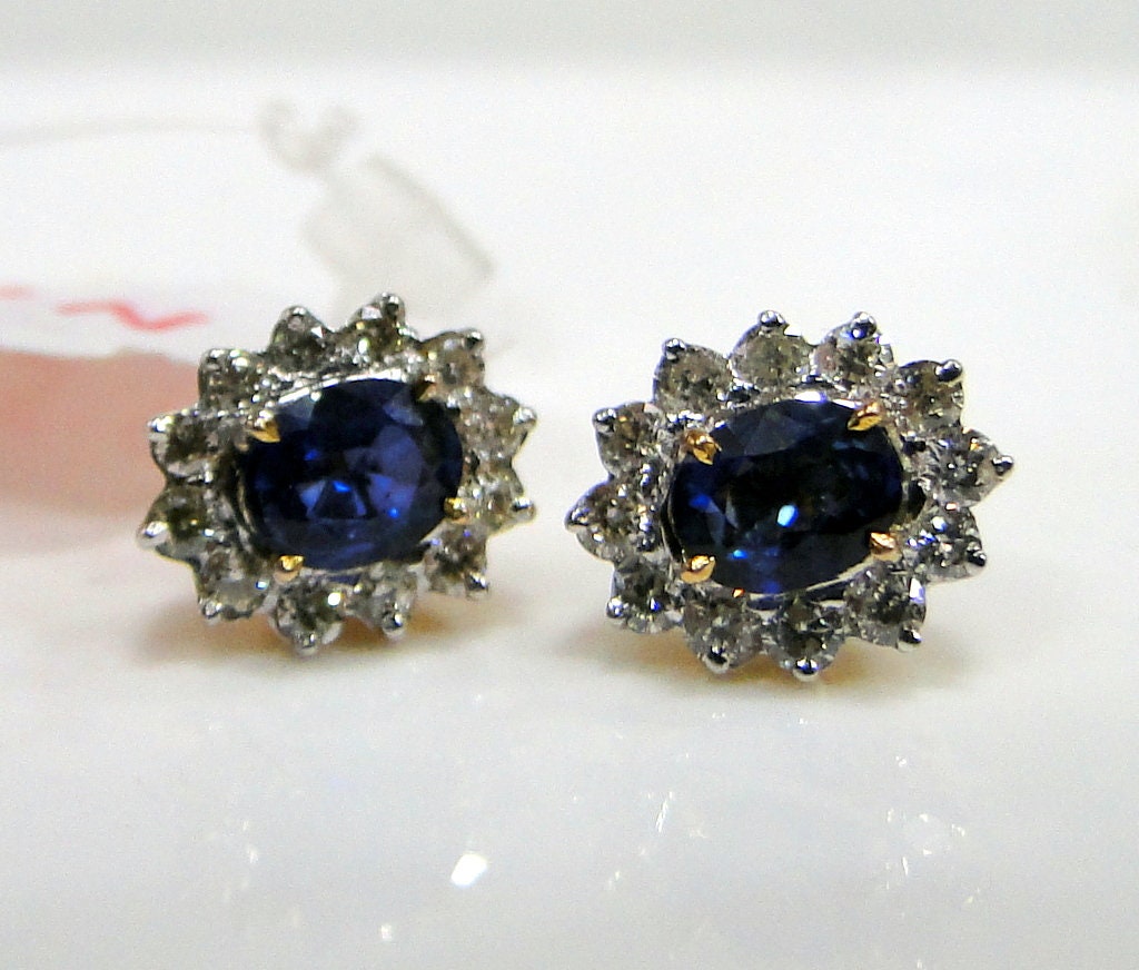 Diamond 18K Gold Natural Blue Sapphire Gemstone Stud Earrings Pair Free ...