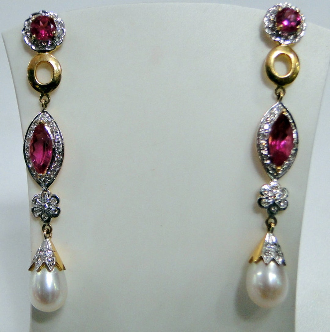 Diamond 14K Yellow Gold Ruby Gemstone Dangle Earrings Free - Etsy