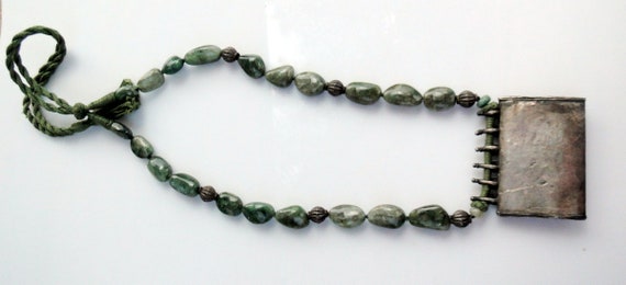 Ethnic Tribal Old Silver Green Onyx Gemstone Bead… - image 4