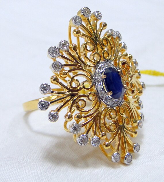 Gold Sapphire ring, Gold Diamond ring, designer c… - image 6