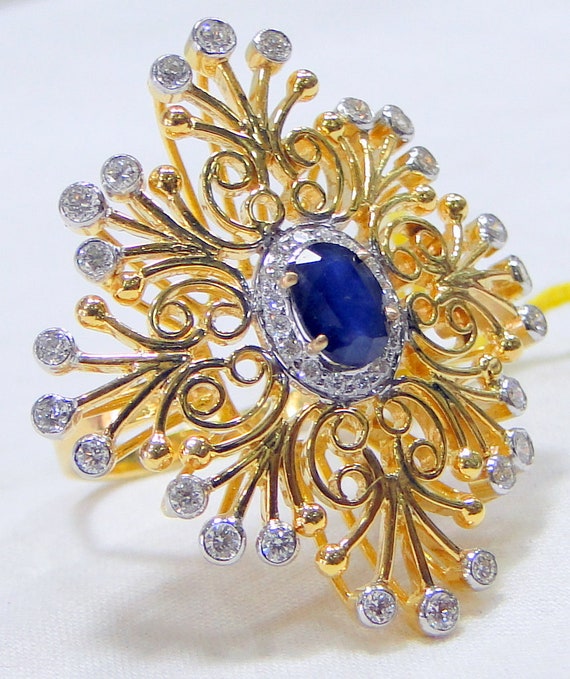 Gold Sapphire ring, Gold Diamond ring, designer c… - image 3