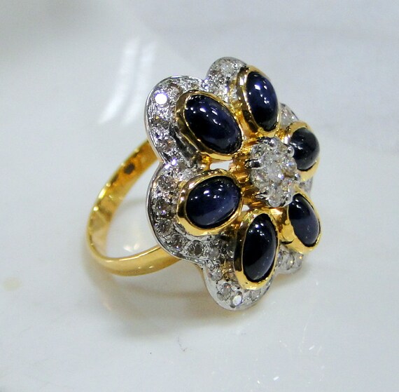 Gold Sapphire ring, Gold Diamond ring, designer c… - image 2