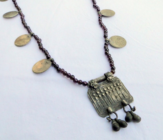 Ethnic Tribal Old Silver Amulet and Garnet Gemsto… - image 2