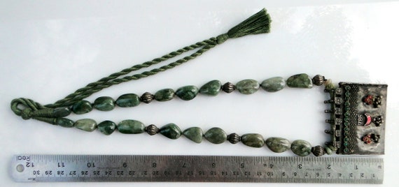 Ethnic Tribal Old Silver Green Onyx Gemstone Bead… - image 3