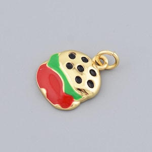 18K Gold Filled Burger Pendant with Black Sesame Bun and Red Green Enamel Layers for DIY Necklace or Bracelet 15.5x12.5mm