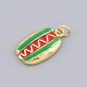 18K Gold Filled Enamel Hot Dog Pendant in Green and Red with Fun Food Theme for DIY Necklace or Bracelet 20x11.5mm