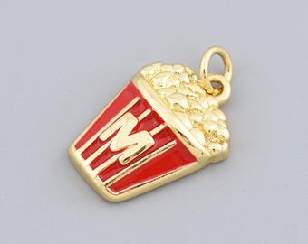 Zabawny wisiorek z filmem Snack z emaliowanym wiaderkiem na popcorn w 18-karatowym złocie do naszyjników DIY 18,5 x 12,5 mm