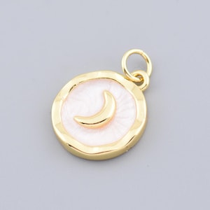 Refined Gold Round Charm with White Enamel Moon for Subtle Jewelry and Special Tokens with Ethereal Charm,13.9mm