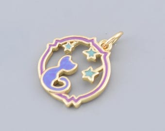Mystical Gold Cat Pendant with Enamel and Stars for Celestial Necklaces and Thoughtful Gifts with Whimsical Charm,15.5x16.4mm
