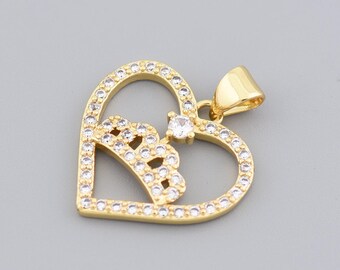 Open Heart Pendant with Crown Design in 18K Gold Filled, Accented by Sparkling Pavé CZ Crystals 19.5x19mm