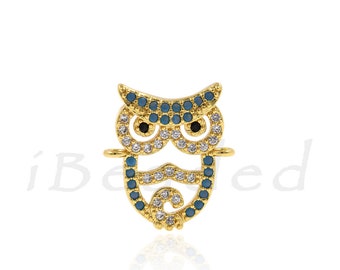 Owl Charm,Micro Pave Turquoise CZ Crystal Brass Spacer Connector/Links,DIY Jewelry Findings 15x16mm