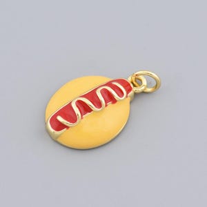 Novelty Gold Hot Dog Pendant with Bright Red Sauce and Yellow Bun Enamel for Quirky DIY Projects 19.5x13mm