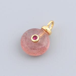 Round Strawberry Quartz Pendant with Ruby Zircon and Gold Plated Loop for DIY Jewelry Craft,15x10.2mm