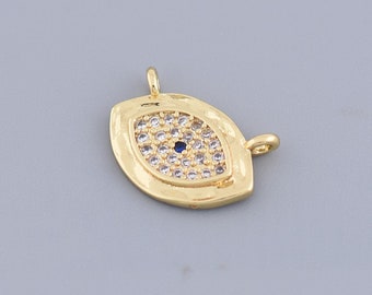 18K Gold Filled Evil Eye Connector,CZ Micro Pave Evil Eye Charm Necklace Bracelet for DIY Jewelry Making ,13.5x9.5mm