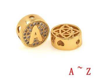 Initial Letter Bead Charms,Brass Pave White CZ Flat Round Letter Beads for Jewelry Making Findings 5x11mm