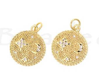 Pingente redondo de estrela da lua em latão com diamantes, pingente de lua, pingente de estrela, joias geométricas, 15,5 mm