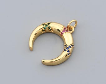 Bunter Sternzeichen Horn Anhänger mit drei Edelstein-Sternen in 18K Gold Fill Halbmond-Form zur Schmuckherstellung 19.7x18.3 mm
