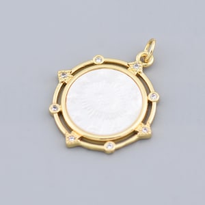 Spiritual Sunburst Pendant in 18K Gold Filled Finish with Mother of Pearl and Crystal Border 23.5mm