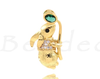 Emerald Rabbit Charm, 18K Gold Plated Rabbit Charm with Diamonds, Animal Jewelry, DIY Jewelry Making Supplies, 21x11mm