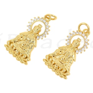 18K Filled Gold Guanyin Pendant with Diamonds, Guanyin Charm, Buddhist Charm, Religious Jewelry, 23x13mm