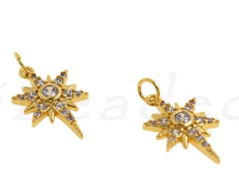 Gold Plated Diamond North Star Pendant, Brass Metal Charm, Lucky Star Accessory for DIY Jewelry Making, 17x10.5mm
