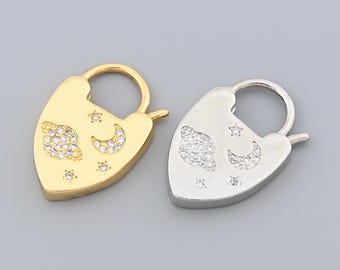 Pendentif coeur avec cadenas inspiré de la galaxie en or rempli de lune et d'étoiles CZ pour collier 17,4 x 25,3 mm