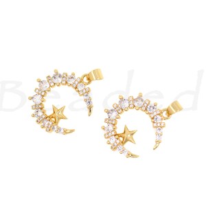 Delicate Brass Set Zircon Moon Star Pendant, Moon Charm, Star Charm, High Jewellery, 22x20mm