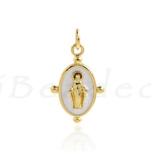 18K Filled Gold Enamel Virgin Mary Pendant, Catholic Jewelry, Religious Charm, Enamel Charm, 19x13mm