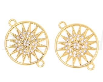 Connettore ottagonale con diamanti in oro 18 carati, connettore a stella rotonda traforata, gioielli geometrici, 18 mm