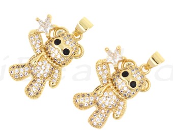 18K Filled Gold Teddy Bear Pendant with Diamonds, Bear Charm, Animal Jewelry, Birthday Gift, 22x16.5mm