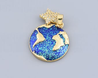 Cosmic Earth Round Pendant in Gold with Star Charm - Explorer Symbol for Celestial Necklaces,19.5mm