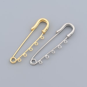 Long Gold Safety Pin with Multiple Holes for Charm Attachment in 18K Gold Filled Metal Design 14.5x48.8mm