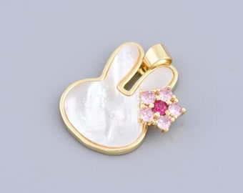 18K Plated Gold Shell Rabbit Charms with Flower Pendant,Cute Rabbit Necklace, Animal Jewelry, for DIY Jewelry Making,26x24.5mm
