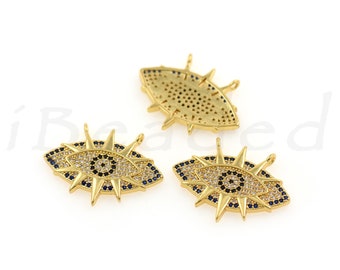 Zircon Evil Eye Pendant in Brass Set with Diamonds, Zircon Eye Chain Charm for DIY Bracelet Necklace, 26x19.5mm