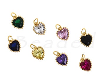Brass Set Birthstone Heart Pendant, Heart Pendant, Lucky Charm, Gift for Her, 9x7.5mm