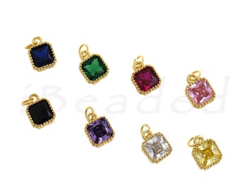 18K Filled Gold Birthstone Pendant, Square Pendant for DIY Jewelry Making, Bracelet Necklace Accessory, 9.5x7mm