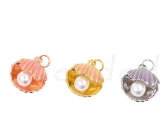 Enamel Shell Pendant, Gold Plated Pearl Pendant, Pearl Charm, Shell Charm, For DIY Jewelry Supplies, 16x14x8mm