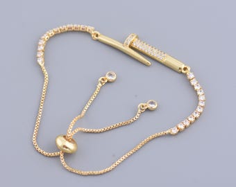 Adjustable Box Chain Bracelet with Nail ,Micro Pave CZ  Bracelet,Slider Rubber Stopper Bead Bracelet,9x24mm