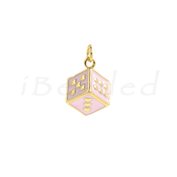 18K Filled Gold Dice Charm, Enamel Dice Charm, Polyhedron Jewelry, Metal Dice Charm, 9x9x9mm