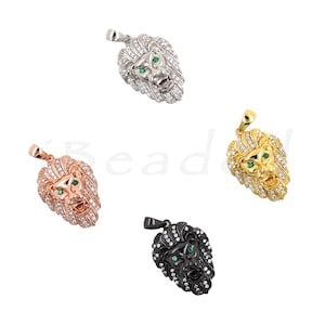 Brass Lion Head Pendant, CZ Micropavé Lion Pendant, Animal Pendant for DIY Jewelry Making, 13.6x24mm