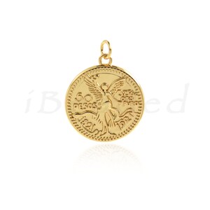 50 Peso Coin Pendant, 18K Gold Plated Coin Pendant, 1921 Centennial Replica, Mexican Currency, 28x20mm